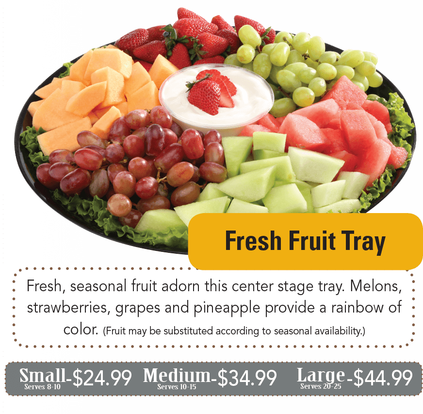 Fresh, seasonal fruit adorn this center stage tray. Melons, strawberries, grapes and pineapple provide a rainbow of color. (Fruit may be substituted according to seasonal availability.)