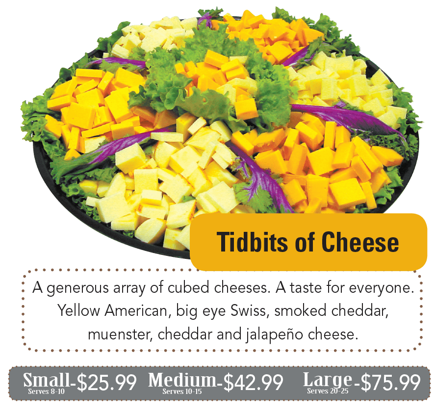 A generous array of cubed cheeses. A taste for everyone. Yellow American, big eye Swiss, smoked cheddar, muenster, cheddar and jalapeño cheese.